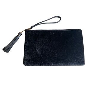 Cato Faux Black Cowhide Tassel Wristlet Clutch, Evening Bag, Festival, Western